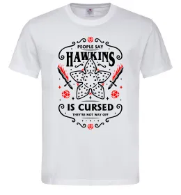 Мужская футболка Hawkins is cursed Stranger things Белый фото