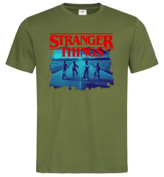 Мужская футболка Strangers Thing on bike Оливковый фото