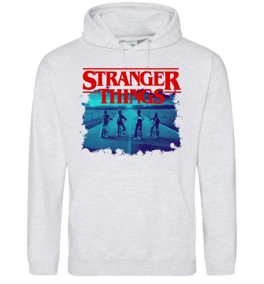 Мужская толстовка (худи) Strangers Thing on bike Серый меланж фото