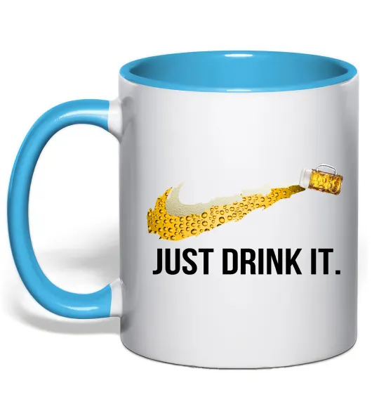 Чашка з кольоровою ручкою Just drink it Блакитний фото