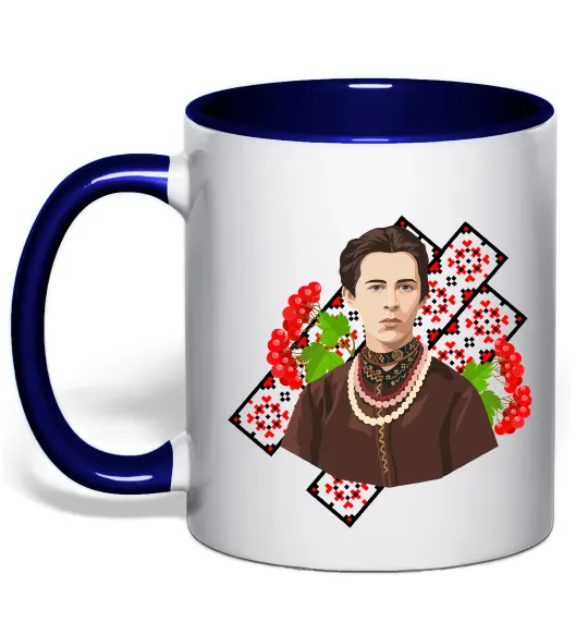 Чашка с цветной ручкой Леся Українка та калина Глубокий темно-синий фото