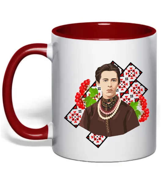 Чашка с цветной ручкой Леся Українка та калина Красный фото