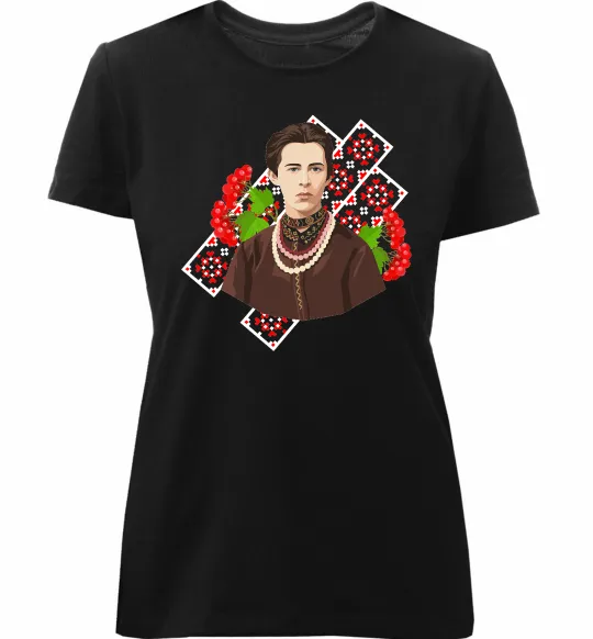 Женская премиум футболка Леся Українка та калина Черный фото