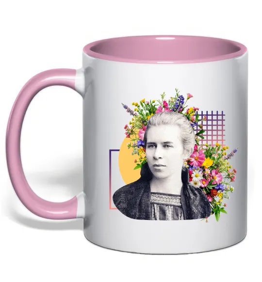 Чашка с цветной ручкой Леся Українка з квітами Нежно розовый фото