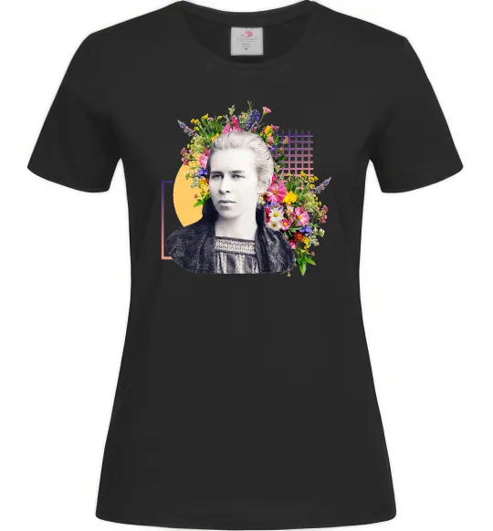 Женская футболка Леся Українка з квітами Черный фото