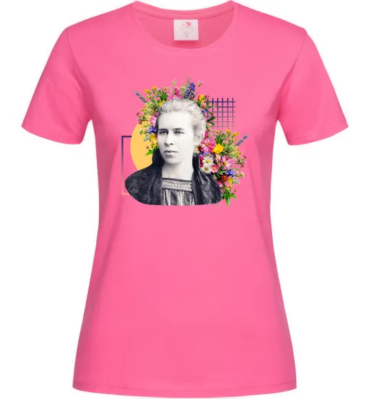 Женская футболка Леся Українка з квітами Ярко-розовый фото