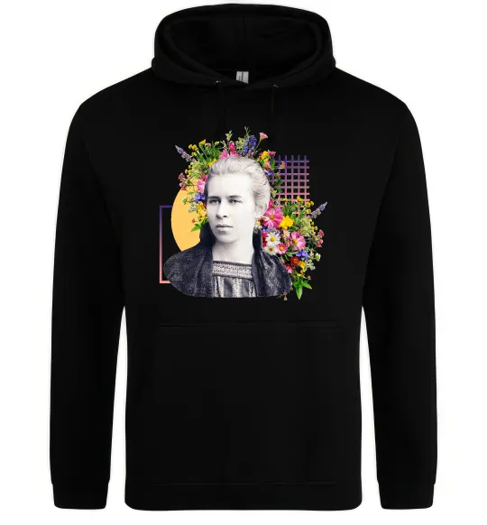 Женская толстовка (худи) Леся Українка з квітами Черный фото