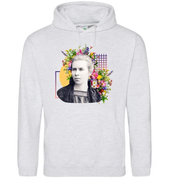 Женская толстовка (худи) Леся Українка з квітами Серый меланж фото