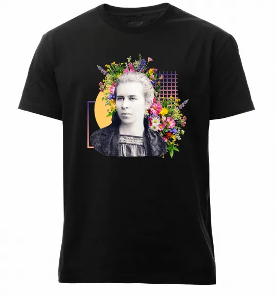 Мужская премиум футболка Леся Українка з квітами Черный фото