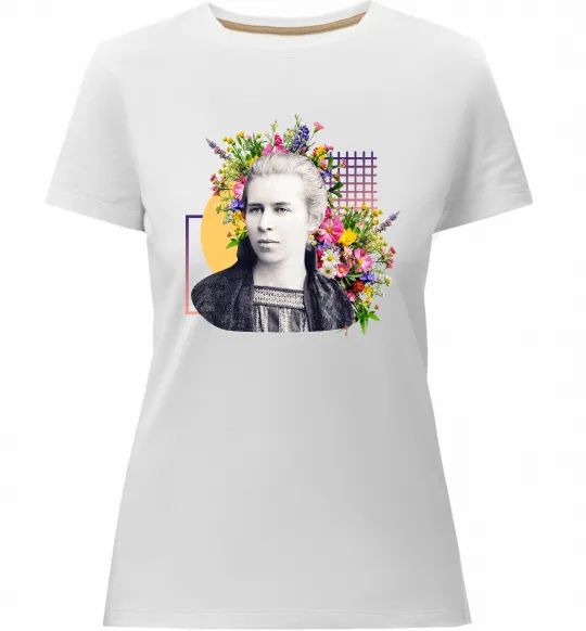 Женская премиум футболка Леся Українка з квітами Белый фото