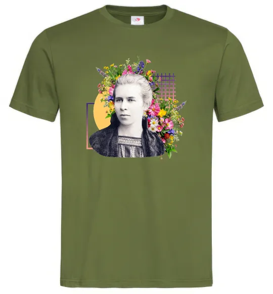Мужская футболка Леся Українка з квітами Оливковый фото