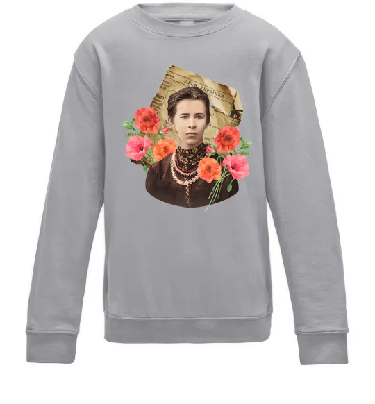 Детский Свитшот Леся Українка портрет з маками Серый меланж фото