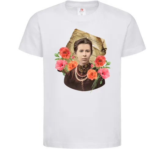 Детская футболка Леся Українка портрет з маками Белый фото