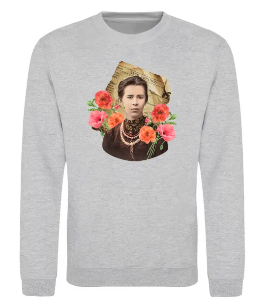 Свитшот Леся Українка портрет з маками Серый меланж фото