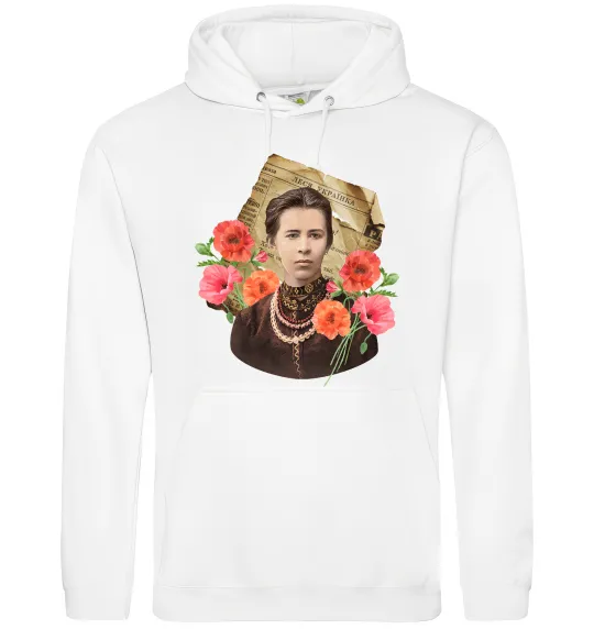 Женская толстовка (худи) Леся Українка портрет з маками Белый фото
