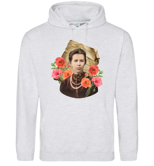 Женская толстовка (худи) Леся Українка портрет з маками Серый меланж фото