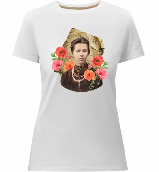Женская премиум футболка Леся Українка портрет з маками Белый фото