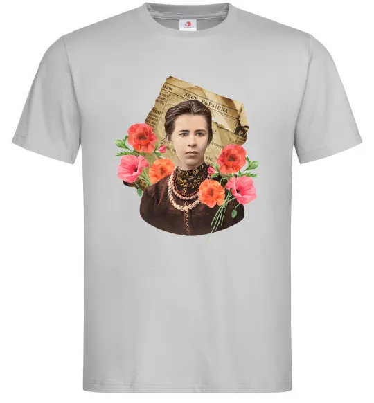 Мужская футболка Леся Українка портрет з маками Серый фото