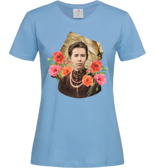 Женская футболка Леся Українка портрет з маками Голубой фото