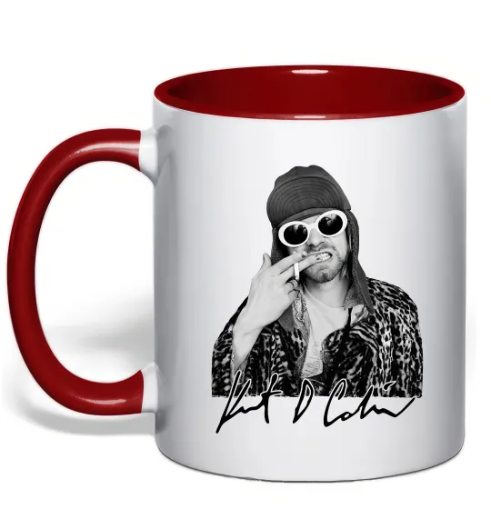 Чашка з кольоровою ручкою Kurt Cobain smoking Червоний фото