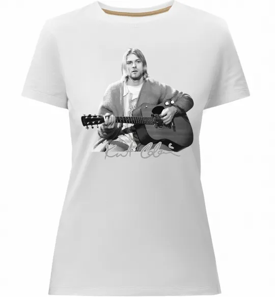 Женская премиум футболка Курт Кобейн з гітарою Белый фото
