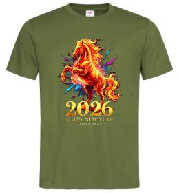 Мужская футболка 2026 Рік вогняного коня, колір - оливковий, розмір - XL