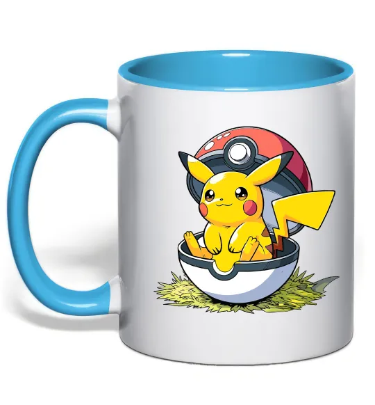 Чашка с цветной ручкой Пікачу в покеболі Голубой фото