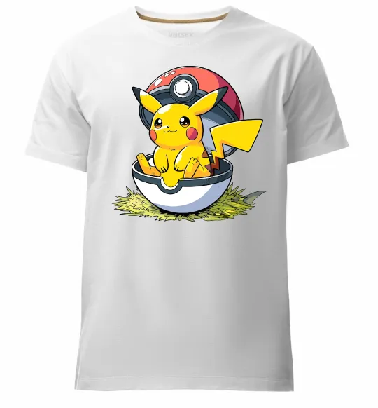 Мужская премиум футболка Пікачу в покеболі Белый фото