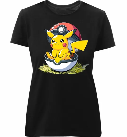 Женская премиум футболка Пікачу в покеболі Черный фото