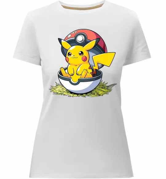 Женская премиум футболка Пікачу в покеболі Белый фото