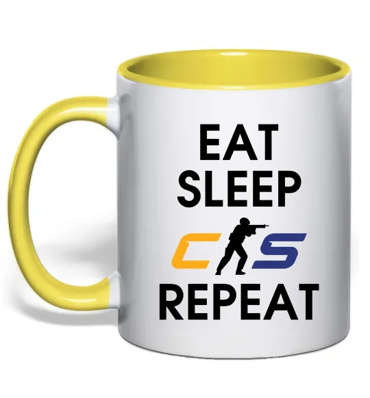 Чашка с цветной ручкой Eat sleep CS repeat Солнечно желтый фото