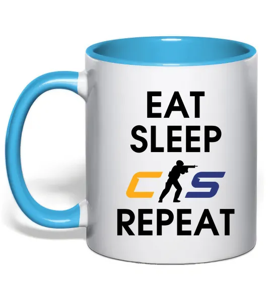 Чашка с цветной ручкой Eat sleep CS repeat Голубой фото