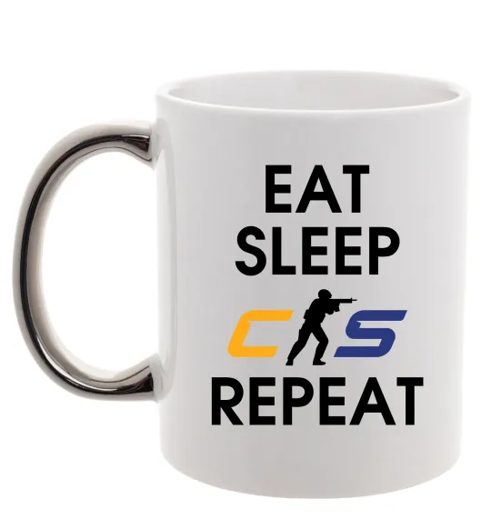 Чашка с цветной ручкой Eat sleep CS repeat Серебро фото