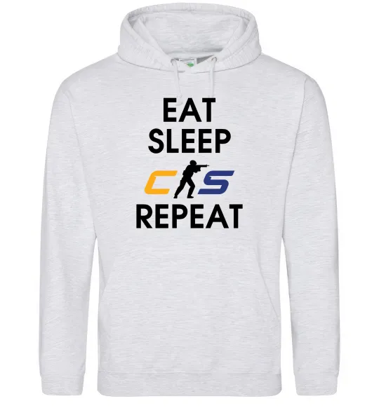 Мужская толстовка (худи) Eat sleep CS repeat Серый меланж фото