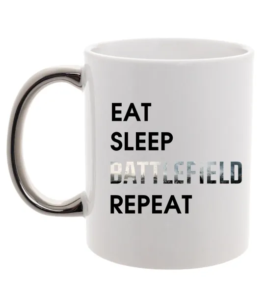Чашка з кольоровою ручкою Eat sleep battlefield Срібло фото