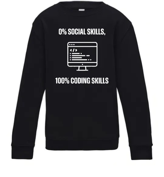 Дитячий світшот 0% social skills, 100% coding Чорний фото