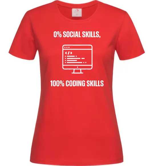 Жіноча футболка 0% social skills, 100% coding Червоний фото