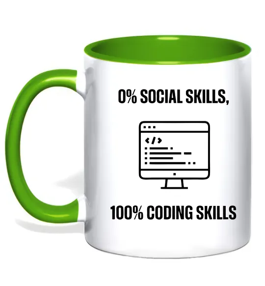 Чашка з кольоровою ручкою 0% social skills, 100% coding Лаймовий фото