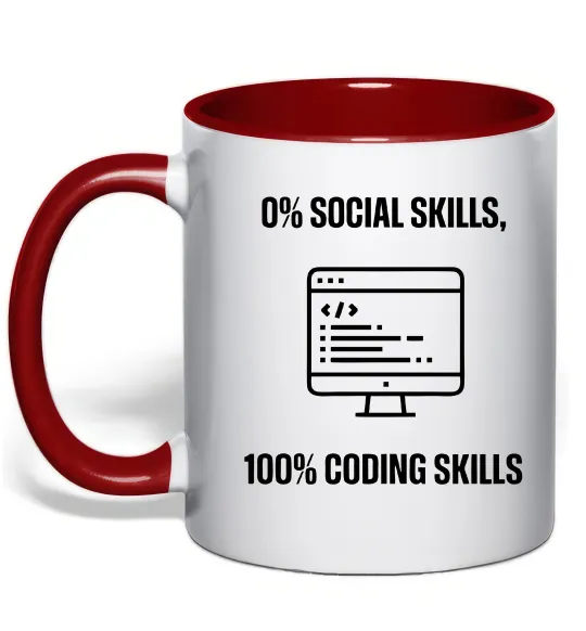 Чашка с цветной ручкой 0% social skills, 100% coding Красный фото