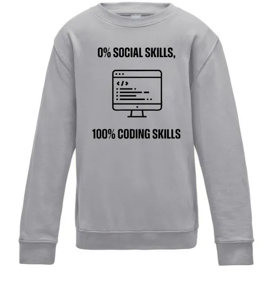 Дитячий світшот 0% social skills, 100% coding Сірий меланж фото