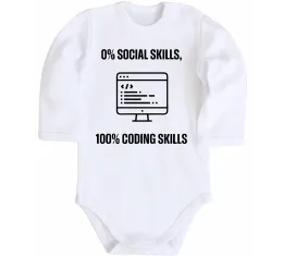 Детский боди 0% social skills, 100% coding Белый фото