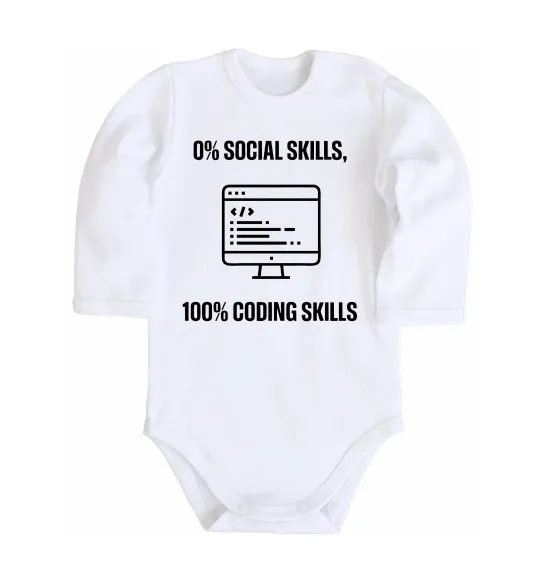 Детский боди 0% social skills, 100% coding Белый фото