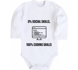 Детский боди 0% social skills, 100% coding Белый фото