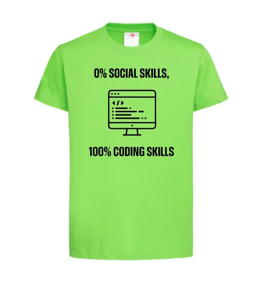 Детская футболка 0% social skills, 100% coding Лаймовый фото