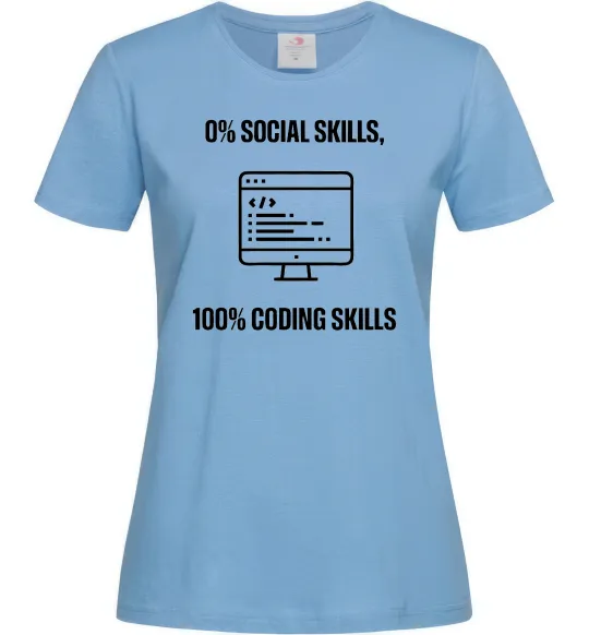 Жіноча футболка 0% social skills, 100% coding Блакитний фото