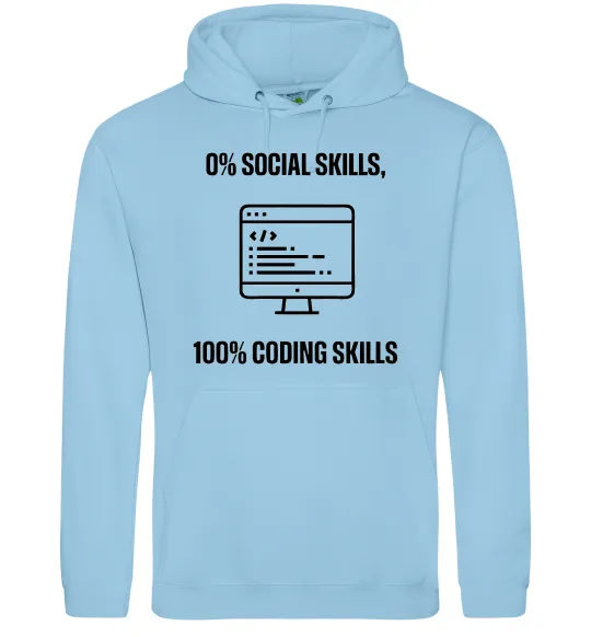 Мужская толстовка (худи) 0% social skills, 100% coding Голубой фото