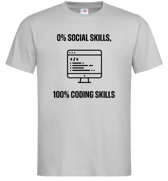 Мужская футболка 0% social skills, 100% coding Серый фото
