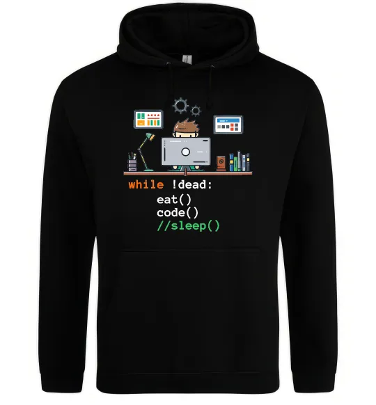 Мужская толстовка (худи) While !dead eat code Черный фото