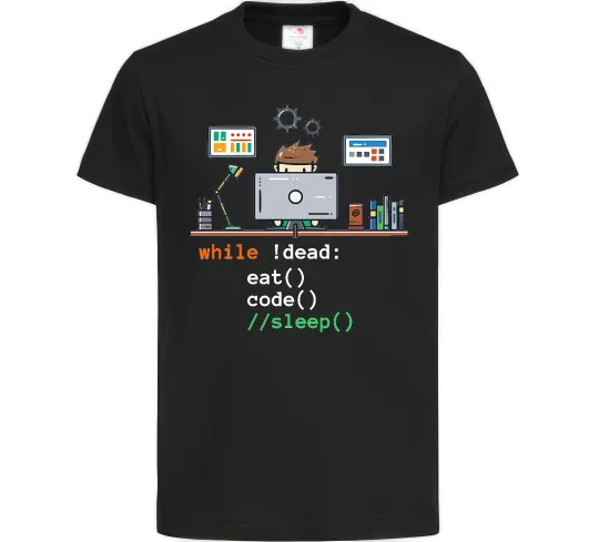 Детская футболка While !dead eat code Черный фото