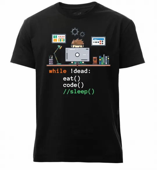 Мужская премиум футболка While !dead eat code Черный фото